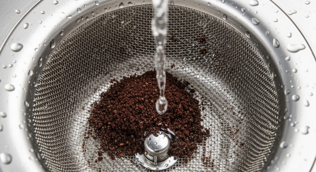 Wet coffee grounds collected in a kitchen sink strainer above a drain opening