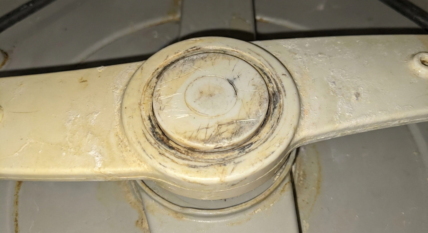 Worn plastic around the center hub of a dishwasher spray arm where it spins